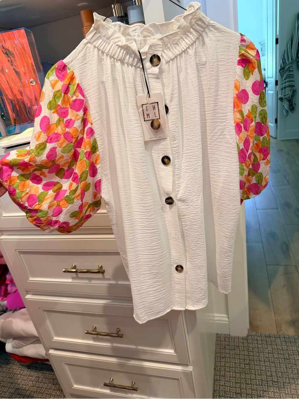 THML White Button-Front Blouse with Pink, Orange & Green Printed Puff Sleeves